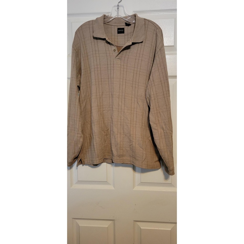 Arrow Mens Long Sleeve Polo Shirt Tan Beige Windowpane Grid Textured Knit Large